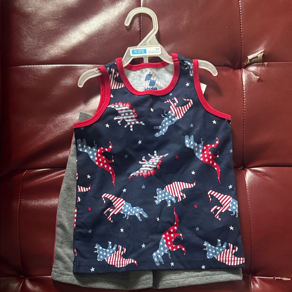 The Children's Place Navy Tank Top with Red Trim & Patriotic Dino Print